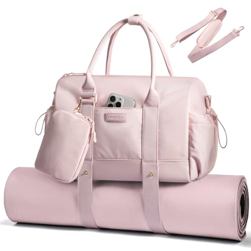 LOVEVOOK Small Gym Bag for Women with Yoga mat Holder, Mini Duffle Bag for Travel with Wet Pocket, Overnight Personal Item Bags, Lightweight Carry on Weekender Duffel for Workout, Dance, Ballet - color: Pink, size: 14.5 inch-Small-2Pcs