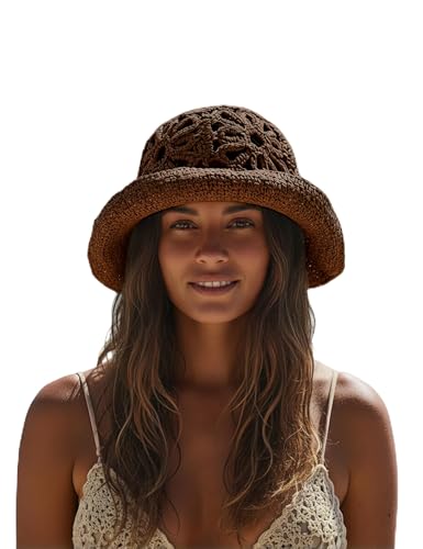Handmade Women's Crochet Straw Bucket Hat Packable Daisy Beach Cap | Adjustable Inner Drawstring, Airy Lightweight Paper Fiber, Face Shade, Easy Storage, Feminine Openwork Floral Style - color: Coffee