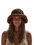 Handmade Women's Crochet Straw Bucket Hat Packable Daisy Beach Cap | Adjustable Inner Drawstring, Airy Lightweight Paper Fiber, Face Shade, Easy Storage, Feminine Openwork Floral Style - color: Coffee