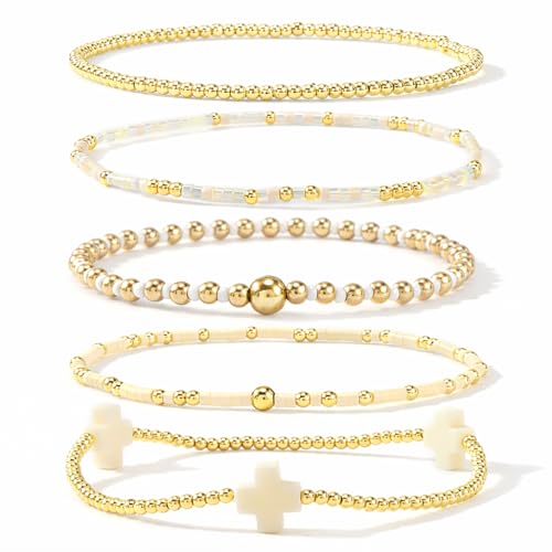 Gold Beaded Cross Bracelet for Women, 14K Plated Adjustable Stackable Dainty Bracelets, Non Tarnish Fashion Jewelry Set Gifts for Women Birthday Friendship - color: Colors-7