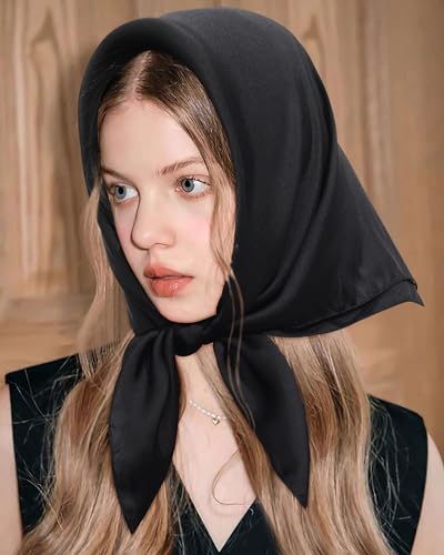 AWAYTR 27.5” Square Satin Head Scarf Hair Scarf for Women's Hair Silk Bandana for Women Silk Head Wrap for Sleeping - color: Black