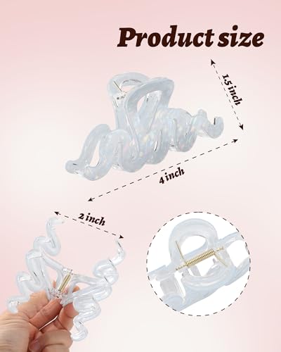 4Pcs Large Hair Claw Clips, Nonslip Cute Jelly Hair Clips for Thick Hair and Long Hair - color: Wave-White + Pink + Blue + Cyan