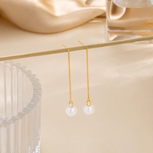 NECOCY Gold Dangle Earrings for Women Non Tarnish 14K Gold Plated Drop Wedding Hypallergenic Earring Dainty Long Hanging Chain CZ Pearl Threader Earrings Trendy Silver Plated Jewelry for Women - style: Gold&Style6