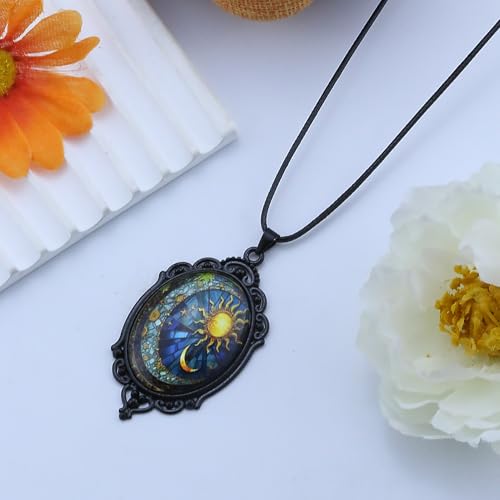 Halloween Gothic Witch Necklaces Cross Glass Pendant Necklace for Women Punk Vintage Black Dark Oval Cameo Necklace Witch Emo Necklaces Halloween Jewelry Witch Accessories 2025 - style: Sun and Moon