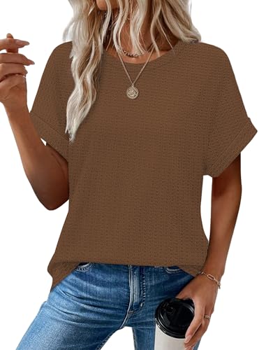 Sampeel Summer Tops for Women 2026 Trendy Rolled Short Sleeve Shirts Waffle Knit Crew Neck Tops Curved Hem Fashion Clothing - color: Classic Brown, size: Small
