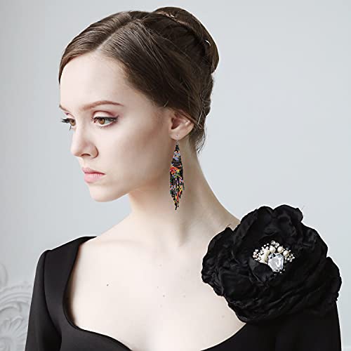 Long Beaded Tassel Earrings - Bohemia Colorful Bead Handmade Beaded Tassel Earrings，Gifts and Christmas - color: Black Flowers