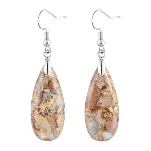 Stone Drop Earrings for Women Earrings Teardrop Jasper Stone Dangle Earrings - color: Brown-Silvery Hook
