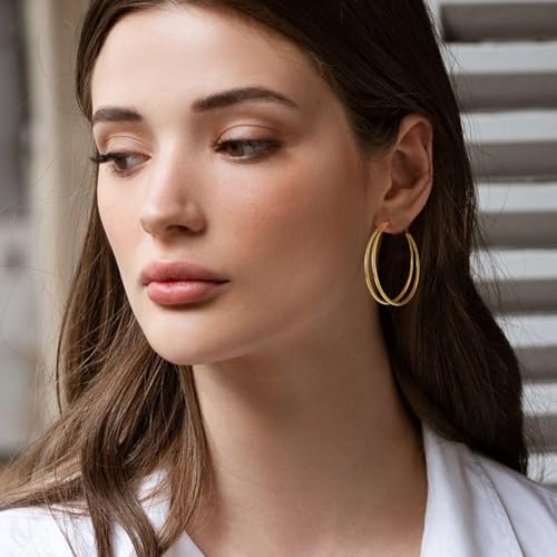 OOOPEL Large Thin Double Hoop Earrings for Women Lightweight Hypoallergenic 925 Sterling Silver Post 14K Gold Hoops Non Tarnish Sturdy Big Thin Double Layered Hoop Earrings 30/40/50/60mm - color: Gold, size: 40mm