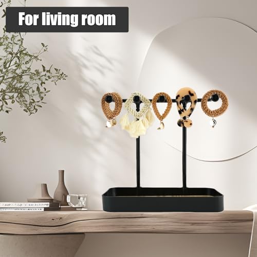 Jewelry Organizer Stand, Necklace Holder with Wooden Tray 5 Storage Hooks, Earring Holder with 5 Pcs Jewelry Bags for Bracelet,Chains,Rings,Earrings,Keys Watches,Necklaces (Black) - color: BLACK