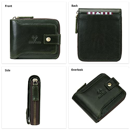 MING CLAN Leather RFID Blocking Bifold Wallet For Men With Zipper, Flap ID Window Zip Coin Pocket, Big Capacity Credit Card Holder For Travel - color: Green