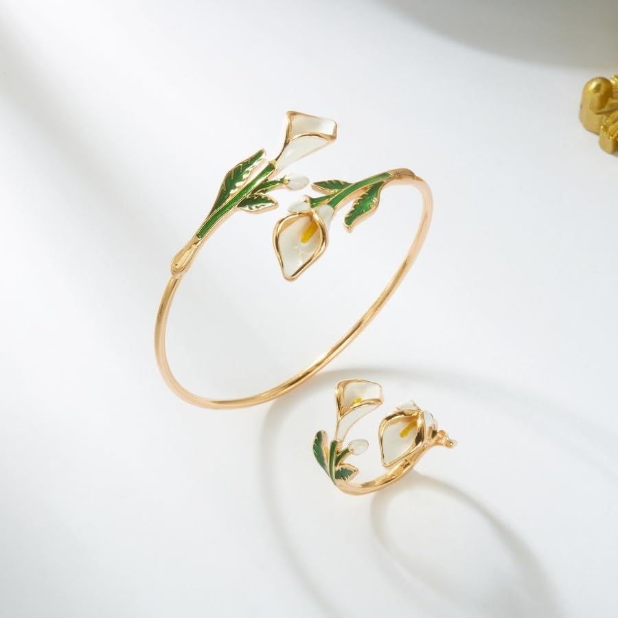Caiyao 2Pcs Adjustable Sunflower Open Cuff Bangle Bracelets Ring Gold Tone Enamel Daisy Flower Floral Upper Arm Armband Bracelet for Women Boho Summer Inspired Floral Jewelry Gifts - style: StyleF