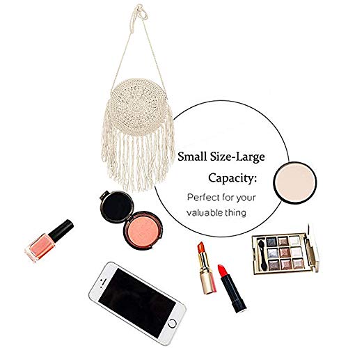 Goclothod Women Crochet Fringed Shoulder Bag Cotton Tassel Crossbody Bag Hippie Beach Purse - color: Off-white