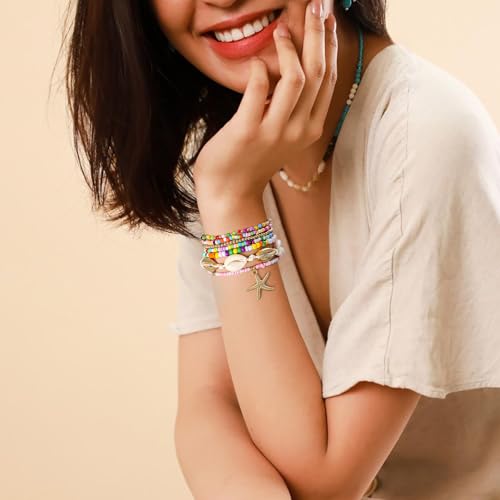 Shell Bracelet Seashell Boho Beaded Stretch Bracelets for Women Summer Beach Bracelets Starfish Charm Bracelet Stackable Gold Plated Bracelets Set for Women - color: a-mix color