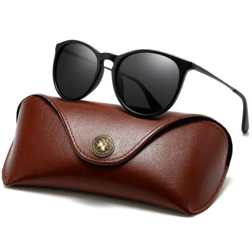 SUNGAIT Premium Vintage Round Sunglasses for Women Men Classic Retro Trendy Style - color: 02 Black Frame (Matte Finish)/Polarized Gray Lens With Vegan Leather Case