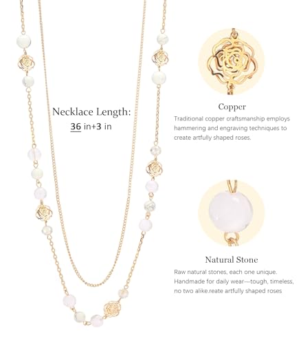FULU AUTUMN Boho Gold Long Necklaces for Women Natural Stone Beaded Layered Long Necklace Mothers Day Gifts Dainty Flower Costume Jewelry for Women - color: Porcelain White