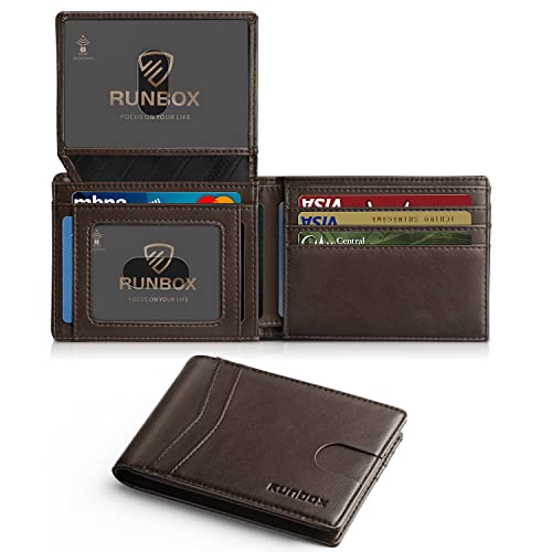 RUNBOX Wallet for Men -Slim Rfid Leather Mens Bifold Novelty Wallets 2 ID Window With Gift Box Men's Accessories | Slim - color: Classic Coffee-15 slots