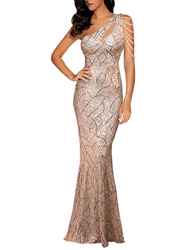 Women One Shoulder 1920s Plus Size Formal Dress Tassels Sleeve Sequins Gatsby Maxi Evening Gown - color: A-gold, size: Large