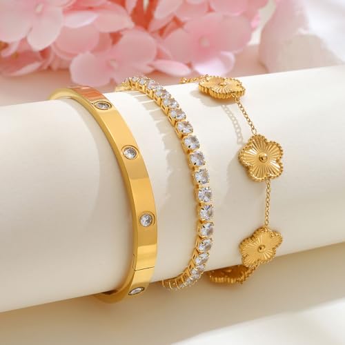 Womens Stackable Floral Gold Bracelets - 3Pcs 18K Gold Plated Bracelet,Stainless Steel Bangle Bracelets Non Tarnish, Gold Bracelet Set Trendy Jewelry,Christmas Valentines Birthday Gifts for Girlfriend - color: Gold