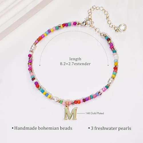 Ankle Bracelets for Women - Cute Pearl Beads Anklets for Women Waterproof Gold, Initial Colorful Boho Beaded Non Tarnish Foot Chain Anklet | Summer Colorful Jewelry Gift - style: J