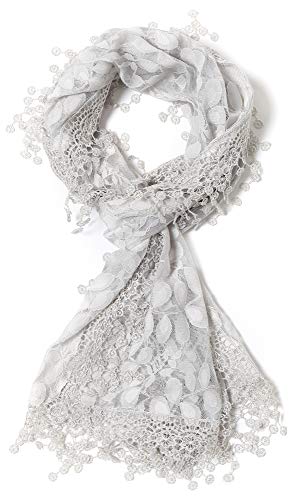 Cindy & Wendy Lightweight Soft Leaf Lace Fringe Scarf Bridal Shawl for Women - color: Light Gray