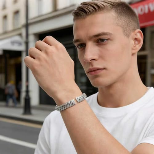 Kim Carrey S925 Sterling Silver Bracelet, Stacked Bracelets Open Bangle Cuff Design, Men's Gift Jewelry for My Man - style: Chainmail