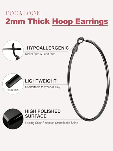 FOCALOOK 14K Gold Plated Lightweight Large Hoops| 2mm Thin Hoop Earrings for Women 30/40/50/70/100mm - color: 01.Black, size: 60mm