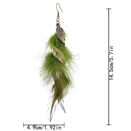 Bohemian Handmade Natural Long Feather Dangle Earrings for Women Multicolor Tassel Feathers Dangle Drop Earrings Vintage Bohemian Earrings Boho Feather Earrings - color: Green
