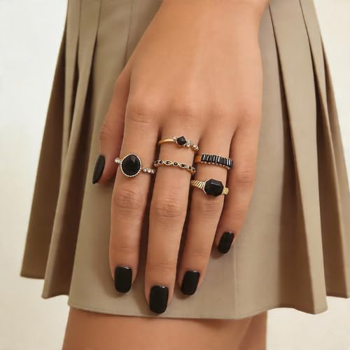 Black Obsidian Ring Stackable Gold Tone Oval Black Stone Statement Ring for Women Party Date Night Jewelry Gift - color: A1:black obsidian rings