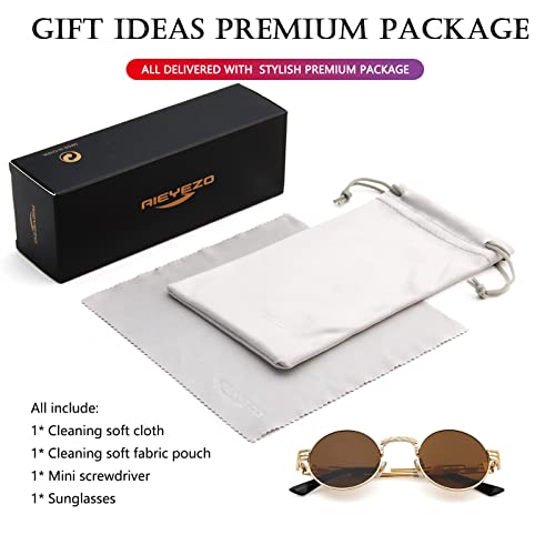 AIEYEZO Round Steampunk Sunglasses for Men Women Retro Circle Hippie Glasses Metal Frame 100% UV Blocking Lens - color: Gold/Brown