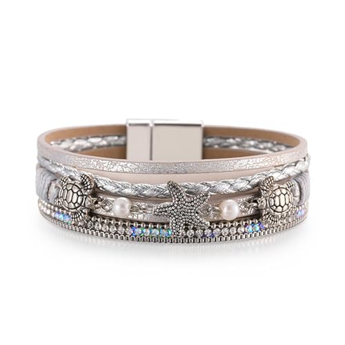 Long tiantian Boho Leather Wrap Bracelets Western Bracelets for Women Stackable Starfish Crystal Pearl Turquoise Leather Bracelet With Clasp Jewelry Gifts Boho Dresses - color: B7:grey Bracelet