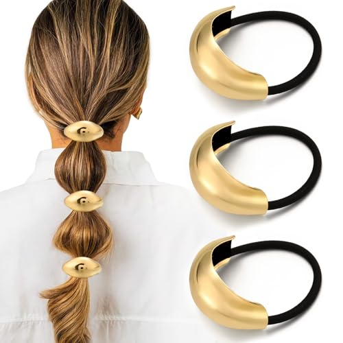 3PCS Gold Hair Ties, Metal Hair Ties for Thick Hair, Elegant Durable Geometric Design Hair Cuffs, Gold Hair Accessories Stretchy Non-Damage Ponytail Cuff Holders Holiday Gifts - color: Gold Set 05
