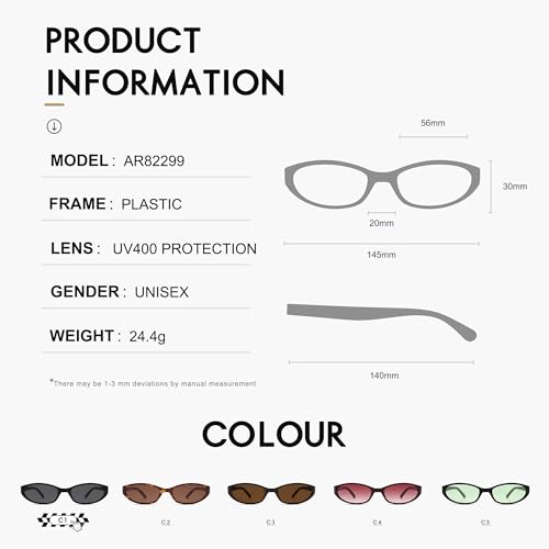 Retro Oval Sunglasses for Women Men Y2k Narrow Cat Eye Sunnies Skinny Shades AR82299 - color: C1 Black/Grey