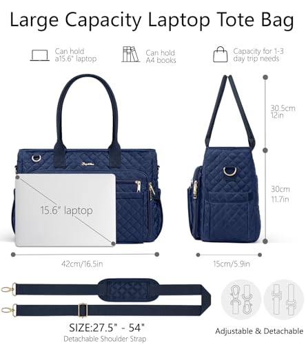 Bagstellar Teacher Bags for Women, 15.6 inch Laptop Work Tote Bag Quilted Nurse Bible Computer Shoulder Bag for School Travel | Dream Tote Work Bag - color: Navy Blue