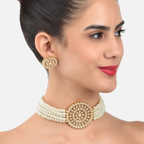 Aheli Pearl Diamond Choker Necklace & Round Earrings Gift for Women Indian Traditional Bollywood Fashion Bharatanatyam jewellery set - color: White 1