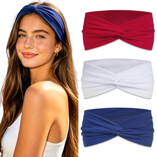 4th of July Short Headbands for Women 3Pcs Red White and Blue Twist Cross Turban Headbands Boho Elastic Non Slip Hair Bands Hair Wraps Accessories - color: Red+Blue+White