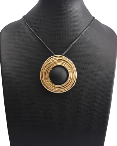 PU Leather Necklace Vintage Boho Style Multilayer Pendant Long Sweater Necklace Jewelry for Women Men with Adjustable Leather Cord - color: Gold Black Round Pendant Necklace