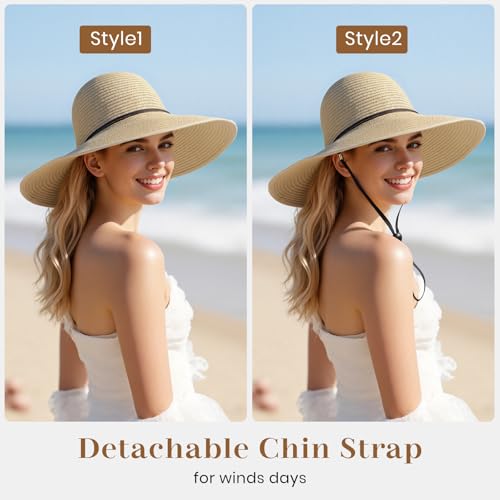 Sun Hats for Women, Straw Hats UPF 50+ Sun Protection, Wide Brim Womens Beach Hat for Summer Travel - color: Beige