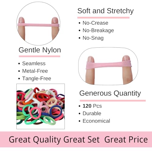 LuSeren 120PCS Colorful Hair Ties for Women – Soft Seamless Nylon Ponytail Holders, No Damage Fabric Hair Elastics for Thick Hair & Daily Matching - color: Colorful