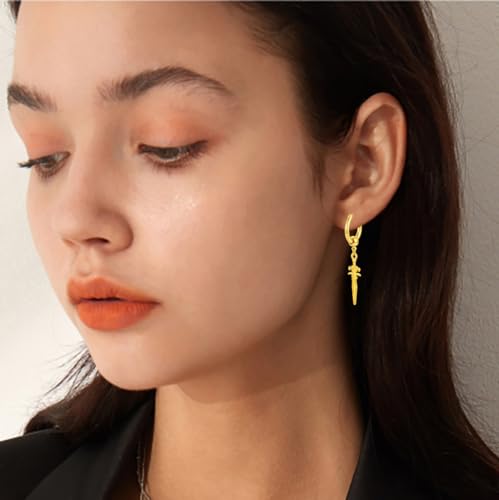 Sword Drop Dangle Small Hoop Earrings for Women Men Stainless Steel Engrave Dagger Halloween Statement Charms Drop Dangling Hoops Cuff Cartilage Wrap Vintage Punk Pray Jewelry - color: Gold-Toned