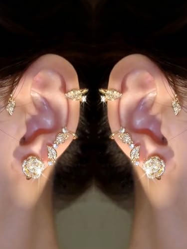 2PCS Ear Cuff Earrings for Women No Piercing Flower Climber Wrap Around Earrings Crawler Rhinestone Wrap Earring Fairy Ear Clip Jewelry Gifts - color: style2-gold