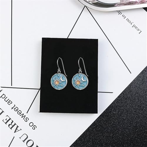 Dreuyet Vintage Sun Moon Earrings and Necklace Set for Women Boho Antiqued Crytal Sun Moon Dangle Drop Earrings Necklace Unique Handmade Retro Round Coin Celestial Jewelry Gifts - color: Silver Blue