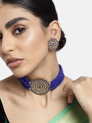 Aheli Pearl Diamond Choker Necklace & Round Earrings Gift for Women Indian Traditional Bollywood Fashion Bharatanatyam jewellery set - color: Blue