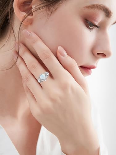 Natural Moss Agate Ring for Women 925 Sterling Silver Pear/Oval/Kite/Heart/Hexagon/Emerald/Coffin Cut Green Leaf Moss Agate Engagement Ring Promise Bridal Set Anniversary Birthday Jewelry Gifts - color: Heart Cut Opal