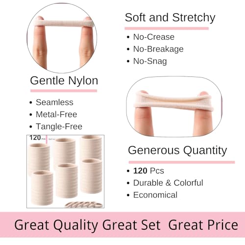 LuSeren 120 Pcs No Damage Hair Ties for Thick Hair, Large Soft Seamless Nylon Hair Elastics for Women, Ponytail Holders, Hair Accessories – Blonde - color: blonde