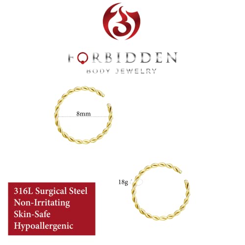 Forbidden Body Jewelry Nose Rings Set Surgical Steel Braided Hoops for Pierced and Fake Nose and Cartilage Piercings 14G-20G - style: 18g 8mm Gold Tone (2Pcs)