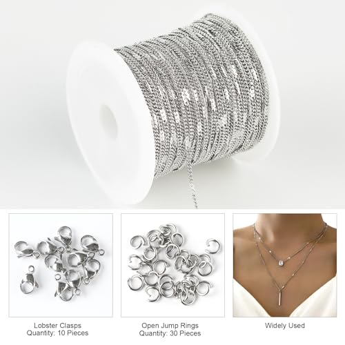 Kyutong 10M Stainless Steel Chain for Jewelry Making Thin Curb Silver Chains for Necklace Bracelet Making Supply Jewelry Findings - color: Flat Curb Silver
