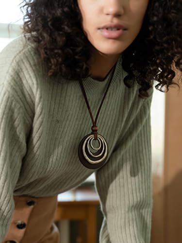 PU Leather Necklace Vintage Boho Style Multilayer Pendant Long Sweater Necklace Jewelry for Women Men with Adjustable Leather Cord - color: Brown/Gold