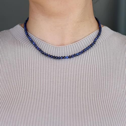 Simple Choker Necklace for Women Real Stone and Crystals Necklaces 4mm Beaded Choker Jewelry Meditation Gift for Women (16"+2") - style: Blue Tiger's Eye