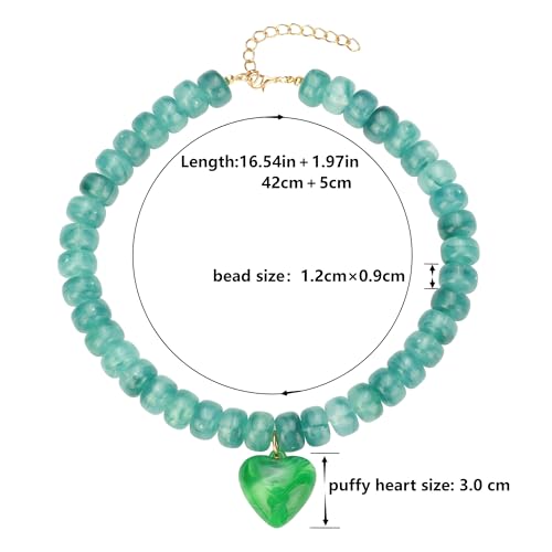 Chunky Colorful Beaded Statement Boho Summer Beach Chokers Necklace Heart Pendant Pink Green Yellow Brown Fashion Jewelry - color: Green