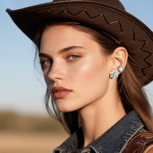 Western Earrings for Women Bohemian Turquoise Earring Set Vintage Turquoise Stud Earring for Women Flower Cowboy Earrings Western Country Concert Rodeo Outfits Jewelry Gift - color: Blue